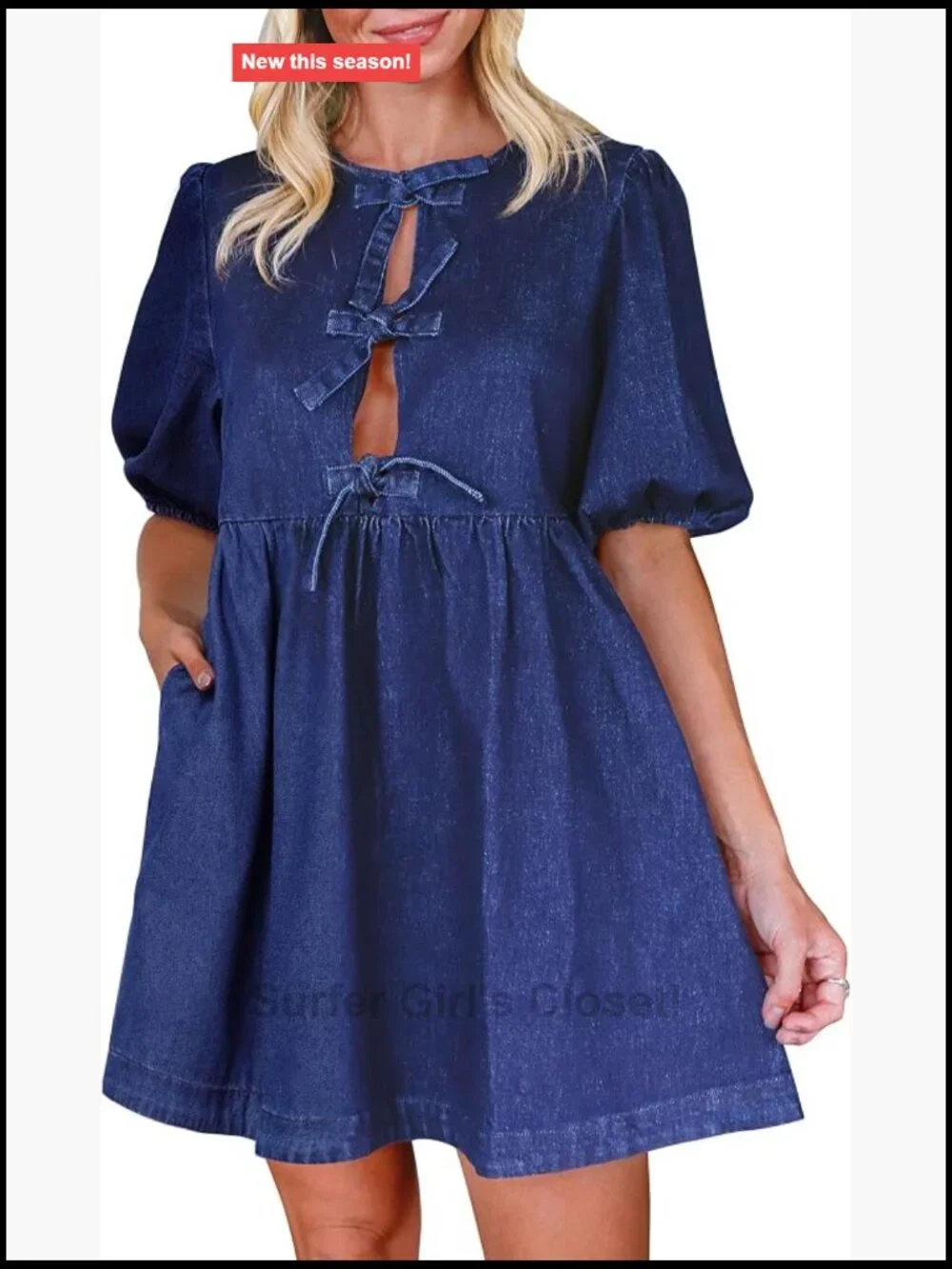 Puff Sleeve Babydoll Denim Dress with Pockets Casual Jean Romper